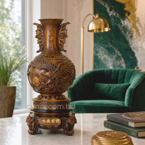 HD273-1-Luxury Chinese Feng Shui Hand-Carved Wood Decorative Display Vase with Polyresin Red Stones (2)