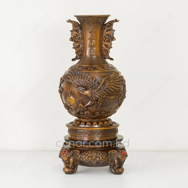 HD273-1-Luxury Chinese Feng Shui Hand-Carved Wood Decorative Display Vase with Polyresin Red Stones (3)
