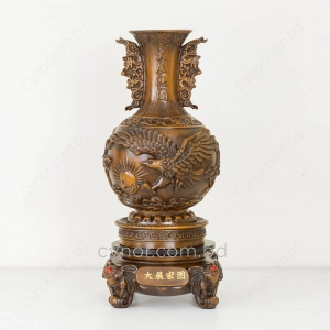 HD273-1-Luxury Chinese Feng Shui Hand-Carved Wood Decorative Display Vase with Polyresin Red Stones (6)