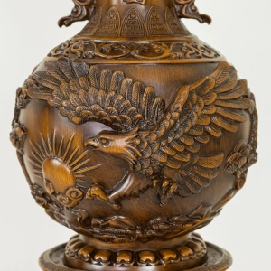 HD273-1-Luxury Chinese Feng Shui Hand-Carved Wood Decorative Display Vase with Polyresin Red Stones (8)