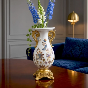 HD275-Classical Elegance Porcelain Body Polyresin Handles and Base Decorative Vase (1)