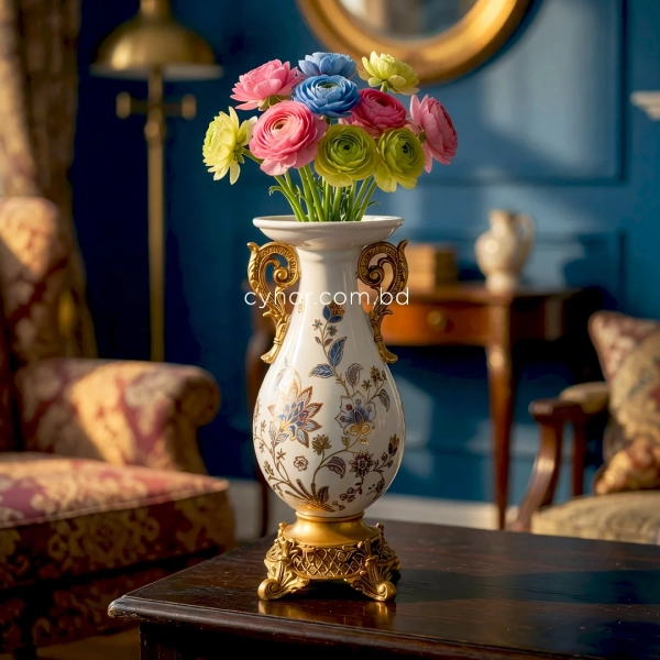 HD275-Classical Elegance Porcelain Body Polyresin Handles and Base Decorative Vase (7)