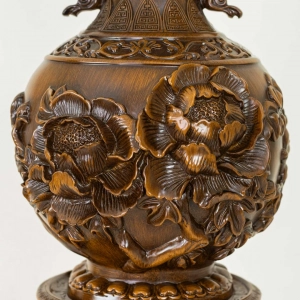 HD277-2-Luxury Chinese Feng Shui Hand-Carved Wood Decorative Display Vase with Polyresin Red Stones (10)