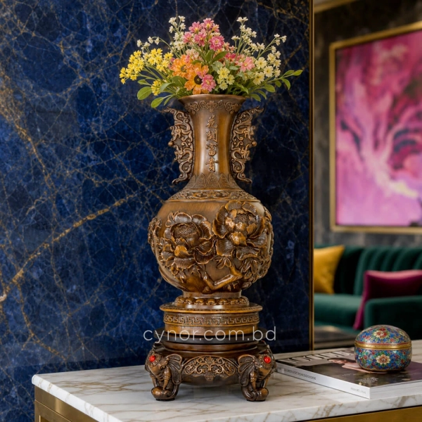 HD277-2-Luxury Chinese Feng Shui Hand-Carved Wood Decorative Display Vase with Polyresin Red Stones (3)