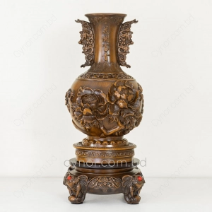 HD277-2-Luxury Chinese Feng Shui Hand-Carved Wood Decorative Display Vase with Polyresin Red Stones (4)