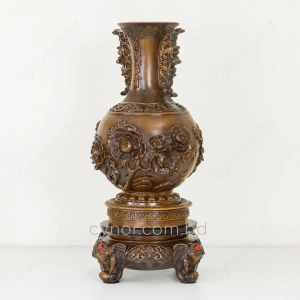 HD277-2-Luxury Chinese Feng Shui Hand-Carved Wood Decorative Display Vase with Polyresin Red Stones (5)