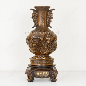 HD277-2-Luxury Chinese Feng Shui Hand-Carved Wood Decorative Display Vase with Polyresin Red Stones (7)