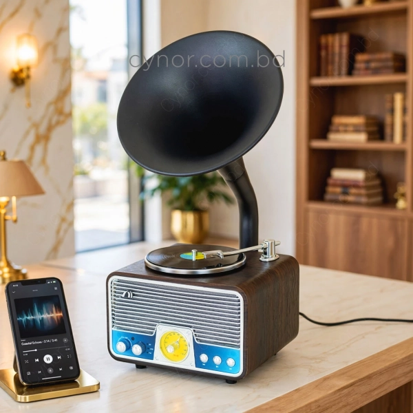 HD279-Luxury Vintage Gramophone Bluetooth Speaker and FM Radio with Spinning Disk (1)