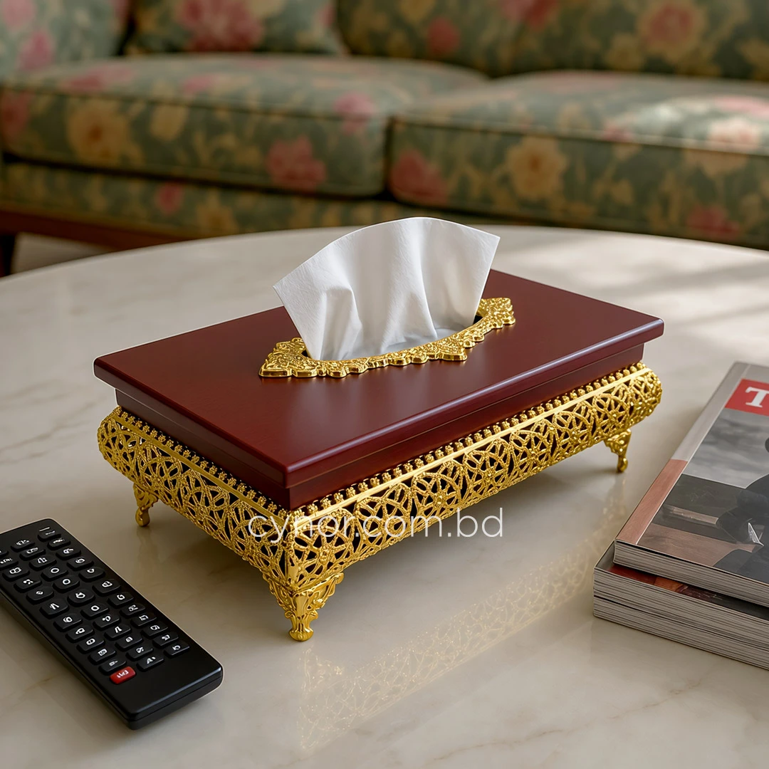 KC271-3-Wooden Body Golden Metal Floral Lattice Pattern Tissue Box Holder (1) KC271-3-Wooden Body Golden Metal Floral Lattice Pattern Tissue Box Holder (1)