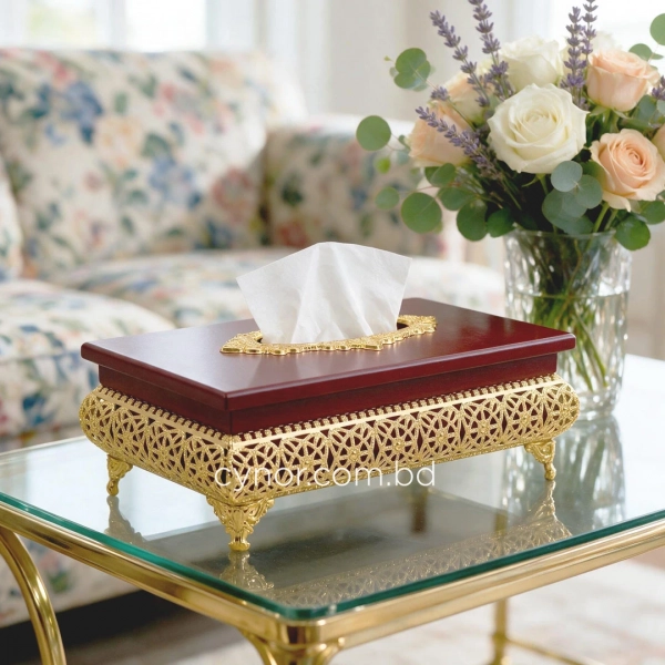 KC271-3-Wooden Body Golden Metal Floral Lattice Pattern Tissue Box Holder (2)