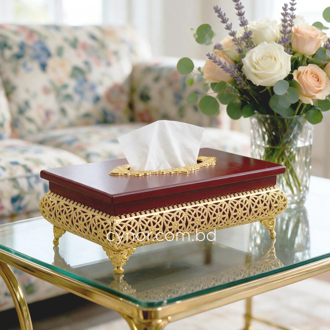 KC271-3-Wooden Body Golden Metal Floral Lattice Pattern Tissue Box Holder (2) KC271-3-Wooden Body Golden Metal Floral Lattice Pattern Tissue Box Holder (2)