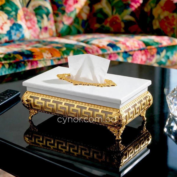KC271-4-Wooden White Body Golden Metal Greek Key pattern Tissue Box Holde (4)