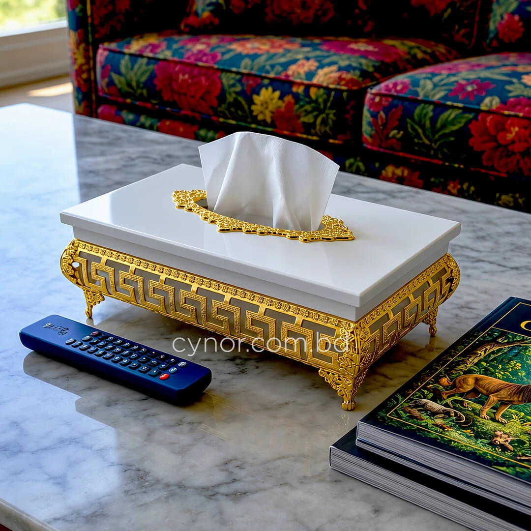 KC271-4-Wooden White Body Golden Metal Greek Key pattern Tissue Box Holder (1) KC271-4-Wooden White Body Golden Metal Greek Key pattern Tissue Box Holder (1)