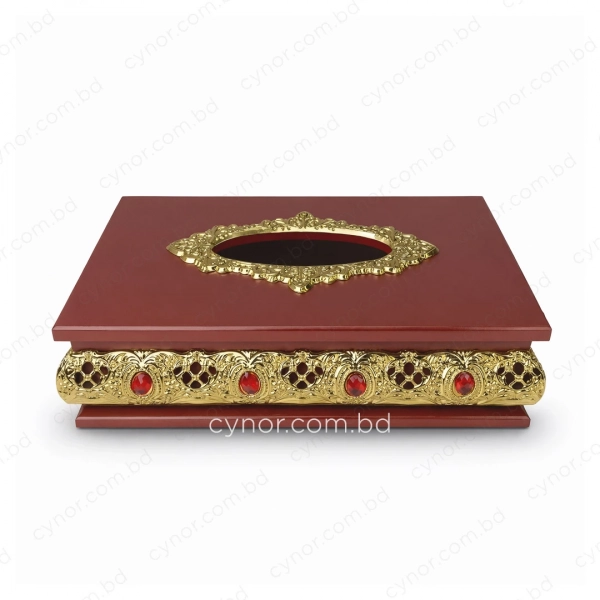 KC272-1-Wooden Body Golden Metal Pattern Plastic Gemstone Embossed Tissue Box Holder (4)