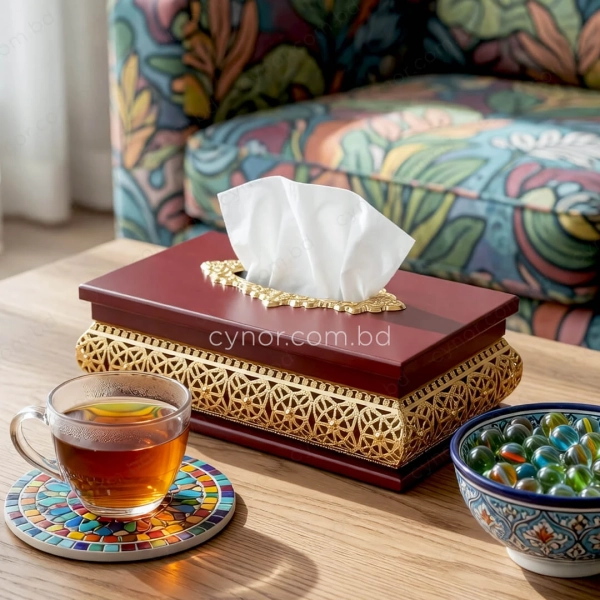 KC272-4-Wooden Body Golden Color Metal Floral Lattice Pattern Tissue Box Holder (1)
