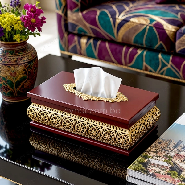 KC272-4-Wooden Body Golden Color Metal Floral Lattice Pattern Tissue Box Holder (2)