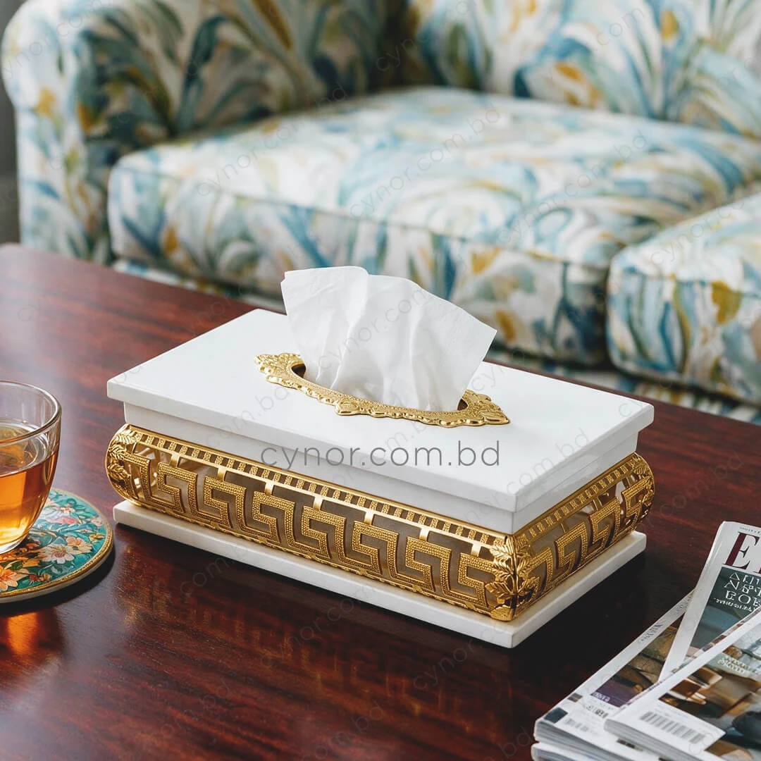 KC272-5-Wooden White Body Golden Color Metal Greek Key Pattern Tissue Box Holder (1) KC272-5-Wooden White Body Golden Color Metal Greek Key Pattern Tissue Box Holder (1)