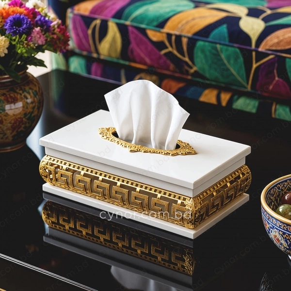 KC272-5-Wooden White Body Golden Color Metal Greek Key Pattern Tissue Box Holder (2)
