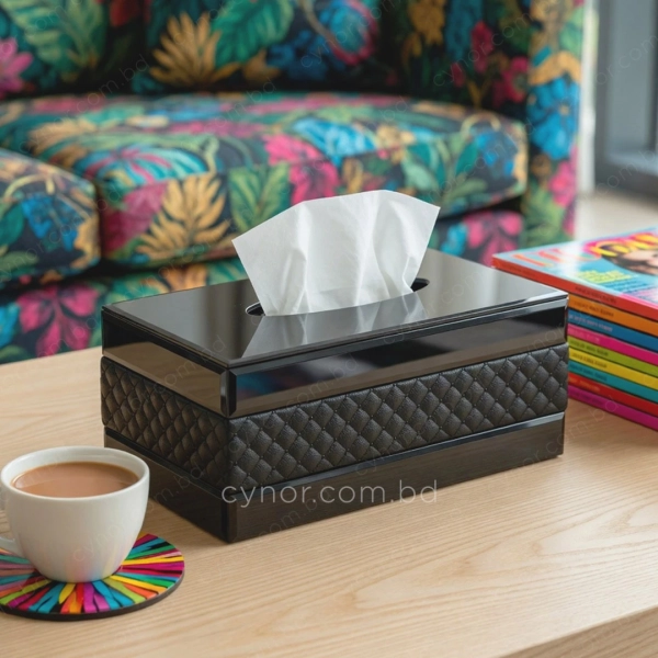 KC273-1-Premium Quilted Leatherette and Black Mirrored Glass Tissue Box Holder (2)