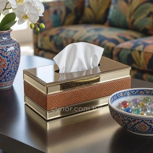 KC273-2-Premium Embossed Leatherette and Gold Mirrored Glass Tissue Box Holder (3)