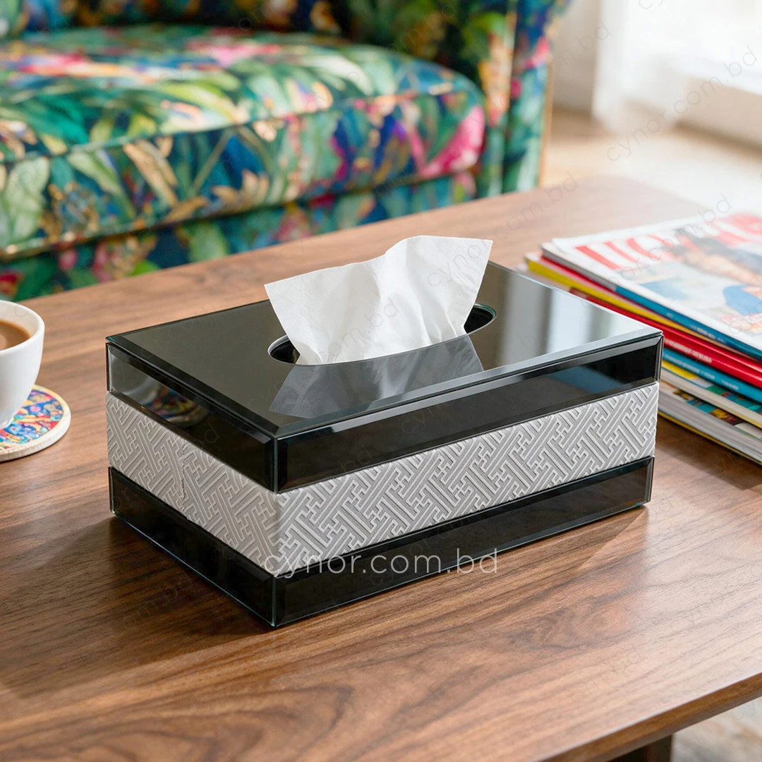 KC273-3-Premium Silver-Gray Leatherette and Black Mirrored Glass Tissue Box Holder (2) KC273-3-Premium Silver-Gray Leatherette and Black Mirrored Glass Tissue Box Holder (2)