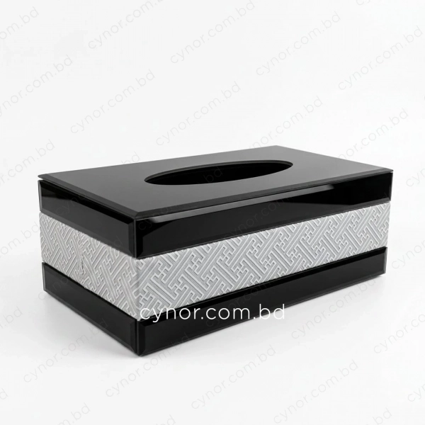KC273-3-Premium Silver-Gray Leatherette and Black Mirrored Glass Tissue Box Holder (3)