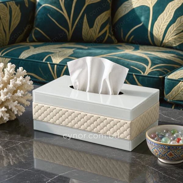 KC273-4-Premium Quilted Beige Leatherette and White Mirrored Glass Tissue Box Holder (1)