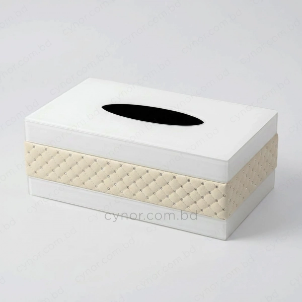 KC273-4-Premium Quilted Beige Leatherette and White Mirrored Glass Tissue Box Holder (2)