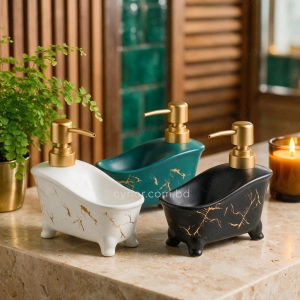 KC274-Bathtub Shape Ceramic Soap Dispenser with Golden Color Plastic Pump (1)