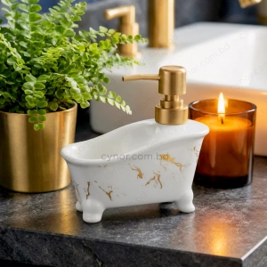 KC274-Bathtub Shape Ceramic Soap Dispenser with Golden Color Plastic Pump (3)