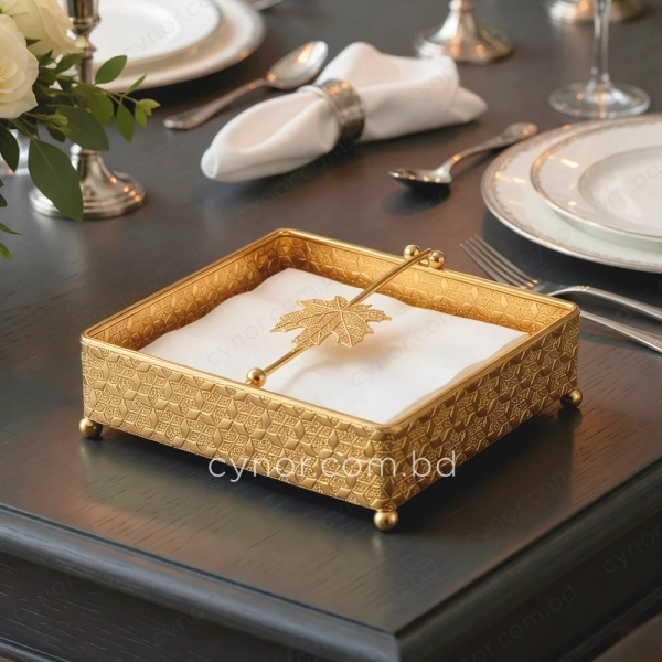 KC276-1-Metal Body Ornate Maple Leaf Pattern Golden Napkin Holder (2)