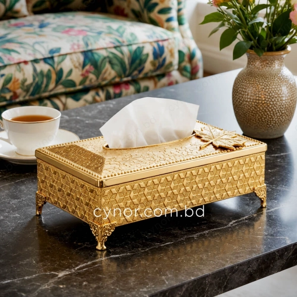 KC277-Metal Golden Geometric Pattern Tissue Box with Maple Leaf Accent (3)