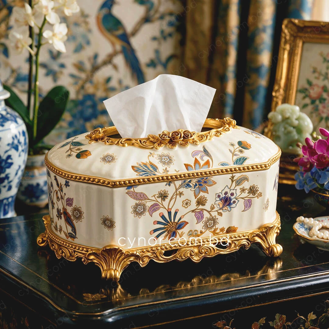 KC279-Luxury Vintage Porcelain Floral Tissue Box with Ornate Golden Polyresin Base (1) KC279-Luxury Vintage Porcelain Floral Tissue Box with Ornate Golden Polyresin Base (1)