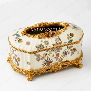 KC279-Luxury Vintage Porcelain Floral Tissue Box with Ornate Golden Polyresin Base (2)