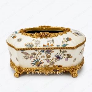 KC279-Luxury Vintage Porcelain Floral Tissue Box with Ornate Golden Polyresin Base (3)