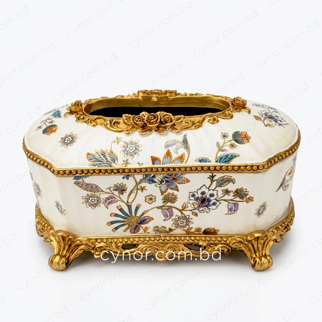 KC279-Luxury Vintage Porcelain Floral Tissue Box with Ornate Golden Polyresin Base (3) KC279-Luxury Vintage Porcelain Floral Tissue Box with Ornate Golden Polyresin Base (3)