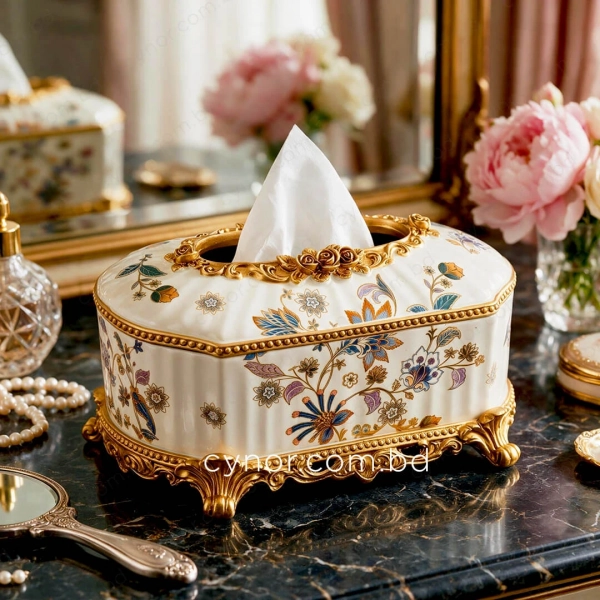 KC279-Luxury Vintage Porcelain Floral Tissue Box with Ornate Golden Polyresin Base (4)