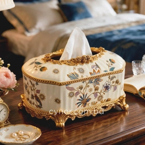 KC279-Luxury Vintage Porcelain Floral Tissue Box with Ornate Golden Polyresin Base (5)