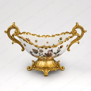 KC280-Luxury Ceramic Floral Multipurpose Bowl with Ornate Polyresin Golden Handles and Base (2)