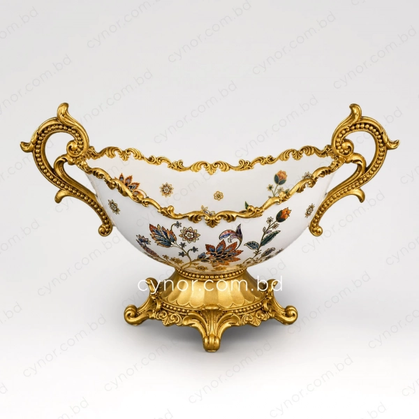 KC280-Luxury Ceramic Floral Multipurpose Bowl with Ornate Polyresin Golden Handles and Base (2)