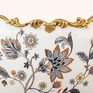 KC280-Luxury Ceramic Floral Multipurpose Bowl with Ornate Polyresin Golden Handles and Base (5)