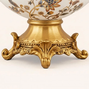 KC280-Luxury Ceramic Floral Multipurpose Bowl with Ornate Polyresin Golden Handles and Base (6)