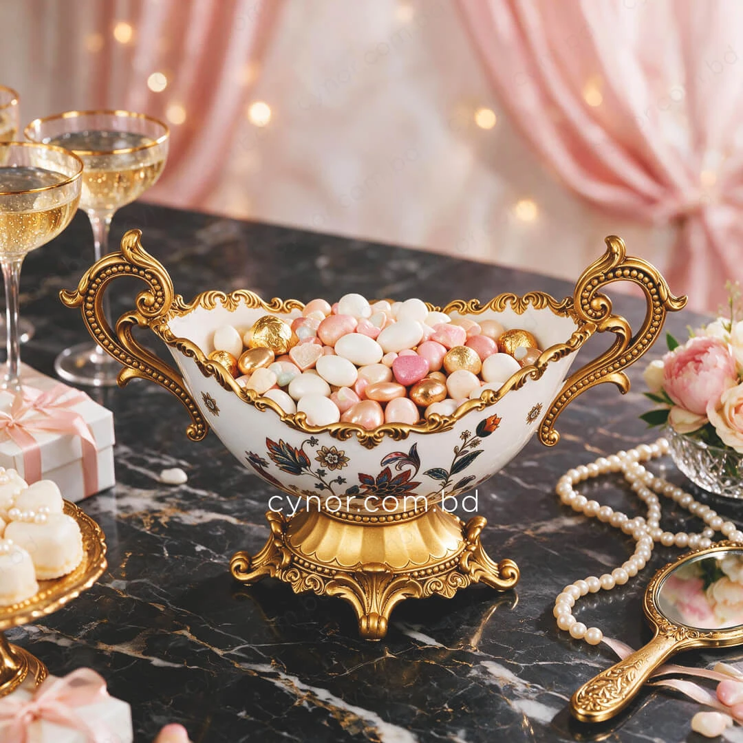 KC280-Luxury Ceramic Floral Multipurpose Bowl with Ornate Polyresin Golden Handles and Base (8) KC280-Luxury Ceramic Floral Multipurpose Bowl with Ornate Polyresin Golden Handles and Base (8)