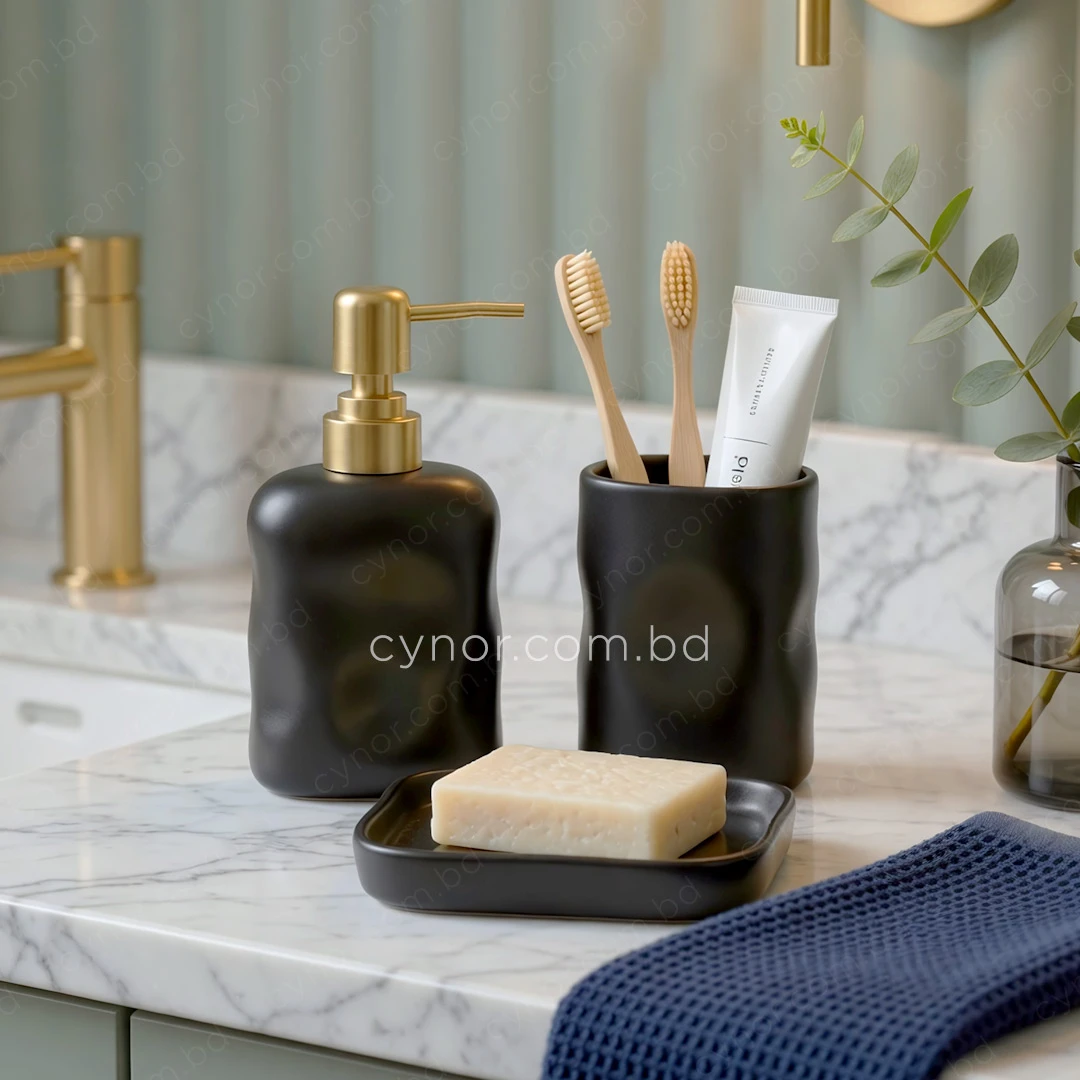 KC281-Sculpted Ceramic 3-Piece Bathroom Accessory Set with Plastic Golden Pump (4) KC281-Sculpted Ceramic 3-Piece Bathroom Accessory Set with Plastic Golden Pump (4)