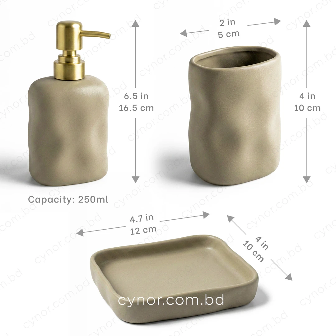 KC281-Sculpted Ceramic 3-Piece Bathroom Accessory Set with Plastic Golden Pump (5) KC281-Sculpted Ceramic 3-Piece Bathroom Accessory Set with Plastic Golden Pump (5)