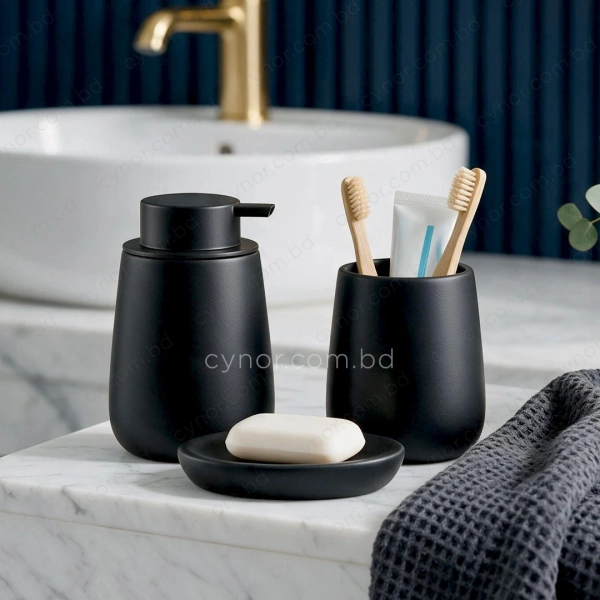 KC282-Rounded Tapered Ceramic 3-Piece Bathroom Accessory Set with Plastic Pump (4)