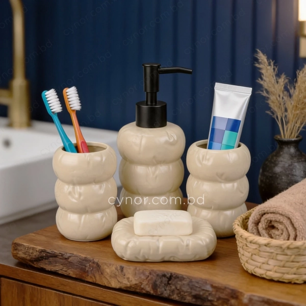 KC283-Sculptural Organic Gouged Design Ceramic 4-Piece Bathroom Accessory Set (1)