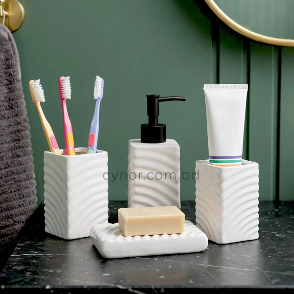 KC284-Swirled Wave Textured Ceramic 4-Piece Bathroom Accessory Set with Black Plastic Pump (2)