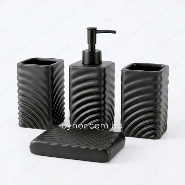 KC284-Swirled Wave Textured Ceramic 4-Piece Bathroom Accessory Set with Black Plastic Pump (6)