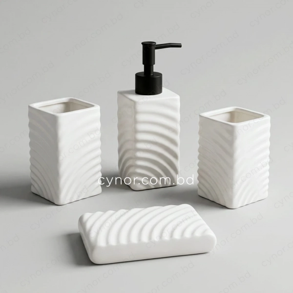 KC284-Swirled Wave Textured Ceramic 4-Piece Bathroom Accessory Set with Black Plastic Pump (7)